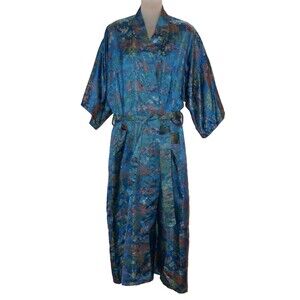 Double Peach Vintage Teal Jacquard Chinese Kimono Robe Size M